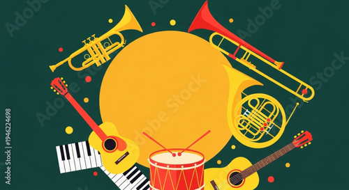 International Jazz Day Dynamic array of traditional musical instruments encircling a vibrant empty space, symbolizing a stage or a spotlight for performances, events, and creative musical expressions