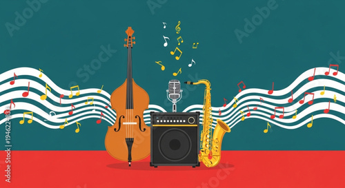 International Jazz Day Acoustic jazz ensemble with double bass, saxophone, microphone, and amplifier on a background of musical notes and wavy lines