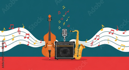 International Jazz Day Dynamic musical illustration capturing the essence of a live performance, featuring classic jazz instruments and flowing musical notes