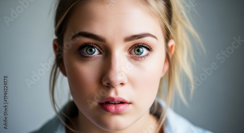 Close-up portrait of a young woman with striking green eyes and blonde hair, looking directly at the camera with a neutral expression