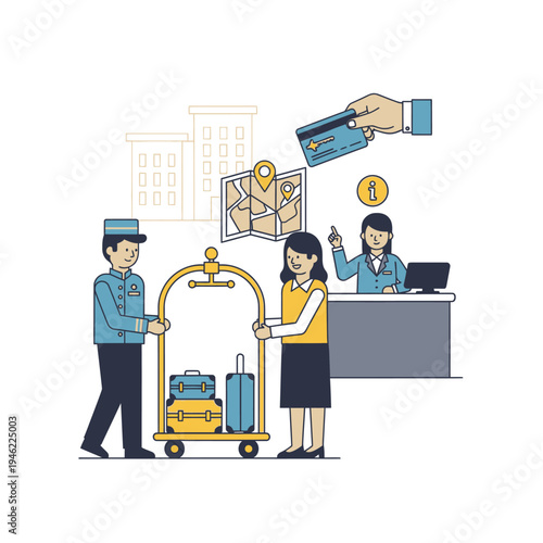 Hotel check-in: Bellhop, guest with luggage, reception, payment, map, buildings