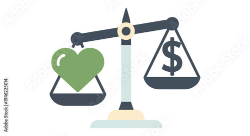 Scales of justice depict a balance between love and money illustrating a difficult choice