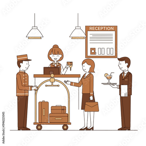 Hotel Reception: Check-in, Luggage Cart, Concierge, Welcome Drink, Customer Service