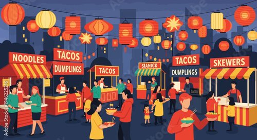 Night Market Street Food Festival with People Eating and Street Stalls