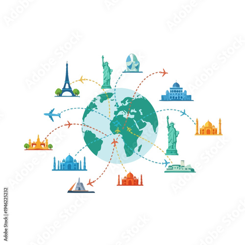 Global Travel Destinations: World Landmarks Connected by Airplanes and Flight Paths
