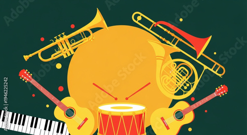 International Jazz Day Vibrant Musical Ensemble A Colorful Flat Design Illustration of Diverse Instruments for Concerts, Celebrations, and Artistic Events