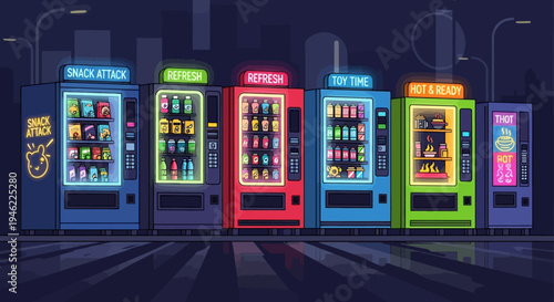Row of Colorful Neon Vending Machines at Night