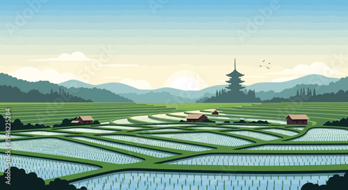 Scenic Japanese Rice Terraces with Traditional Pagoda at Sunrise