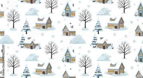 Seamless Winter Village Pattern with Snowy Houses and Trees