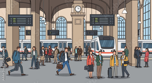 Busy Railway Station Platform with Commuters and Trains