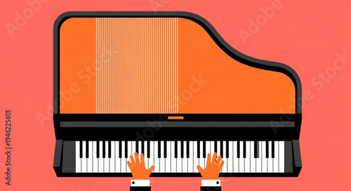 Flat design illustration of a grand piano with hands playing the keys, representing music and creativity on a red background