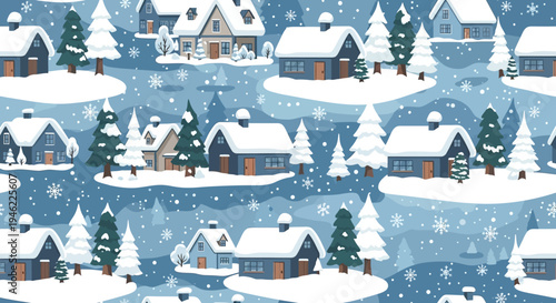 Seamless Winter Pattern with Cozy Snowy Houses and Pine Trees