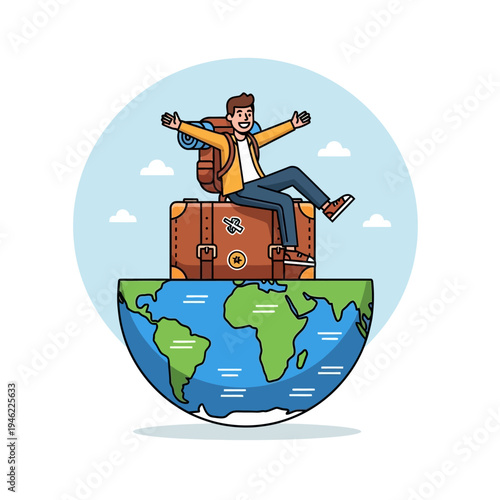 Happy traveler sitting on suitcase on top of the world, ready for adventure