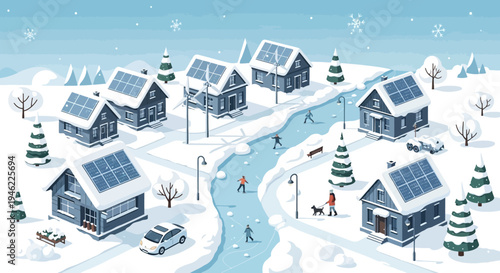 Winter Village with Solar Powered Houses and Frozen River