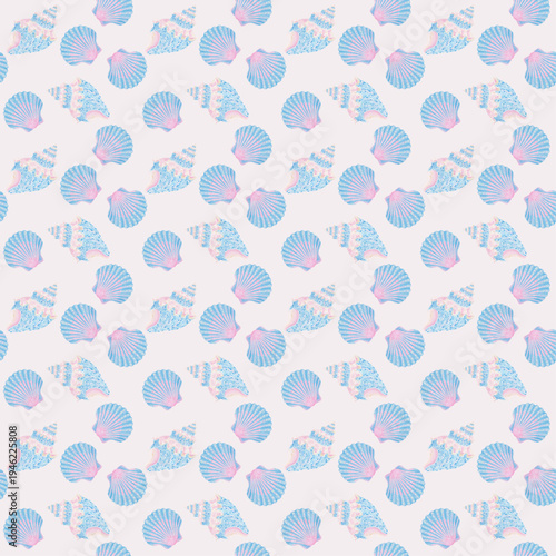 手描き風青い貝殻の総柄シームレスパターン