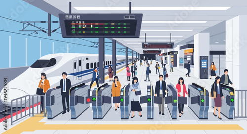 Commuters Passing Through Ticket Gates at a Modern Japanese Train Station with Bullet Train