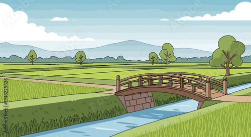 Cartoon Japanese Countryside Landscape with Wooden Bridge and Rice Fields