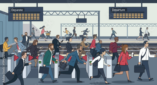 Commuters Rushing Through Subway Turnstiles at Busy Train Station