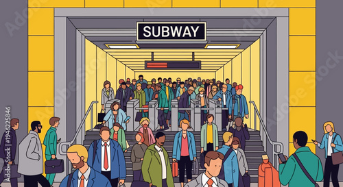Crowded Subway Station Entrance with Commuters in Urban City Setting