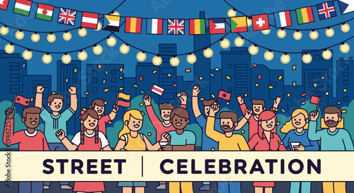 Diverse People Celebrating at Street Party with International Flags and Festive Lights