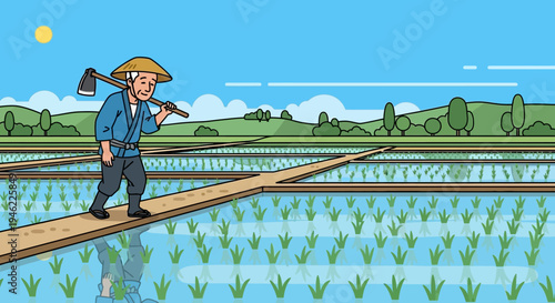 Elderly Japanese Farmer Walking Through Rice Paddy Field