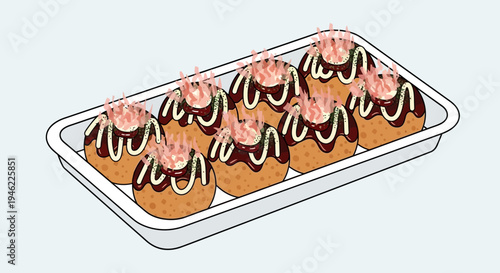 Hand-Drawn Illustration of Takoyaki Octopus Balls in a Takeout Tray