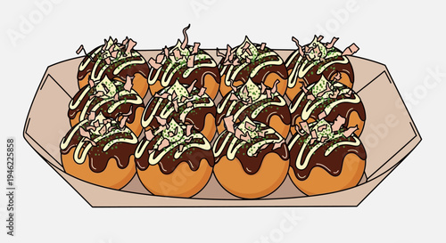 Illustration of Japanese Takoyaki Octopus Balls in a Paper Tray