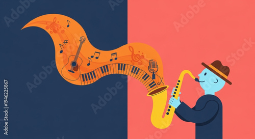 International Jazz Day a joyful musician playing a saxophone, conjuring a vibrant stream of musical notes, instruments, and melodies that symbolize artistic expression and creative flow