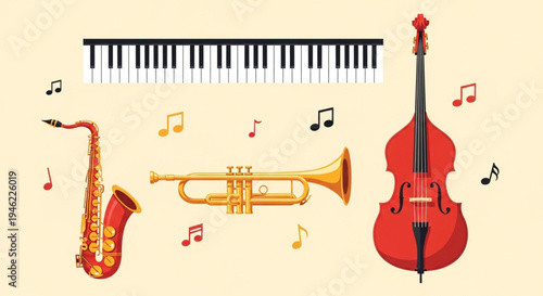 International Jazz Day Collection of musical instruments including a keyboard, saxophone, trumpet, and cello, with musical notes scattered around