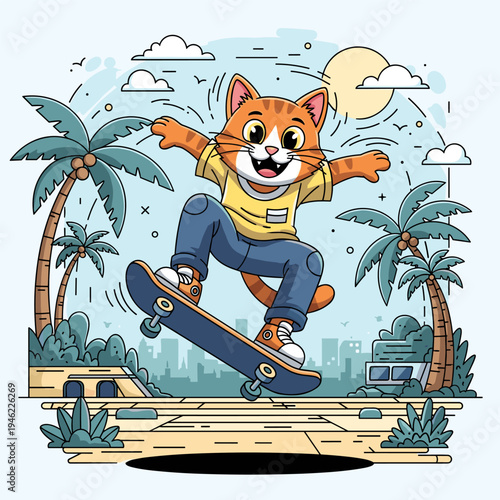 Cool Cartoon Cat Skateboarding in Tropical City Park Illustration