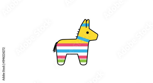 Colorful donkey piata with stripes in various hues on white background for party decoration