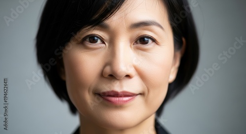 A serene close-up portrait of an Asian woman with kind eyes and a gentle smile, exuding warmth and approachability