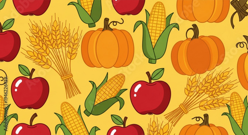Autumn harvest pattern with apples pumpkins corn and wheat on yellow background seasonal thanksgiving decoration