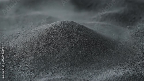 Black metallic powder pouring into a heap with rising dust