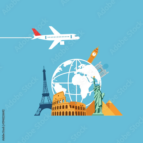 Global Travel and Tourism: Airplane Flying Around World Landmarks