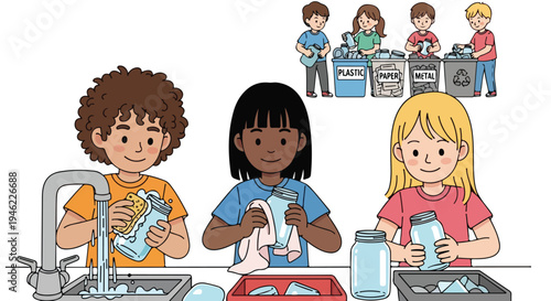 Children actively participate in recycling by sorting various materials into labeled bins and cleaning glass jars for reuse.