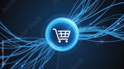 Vibrant glowing shopping cart icon in a digital blue circle with abstract data lines illustrating online commerce and secure trans