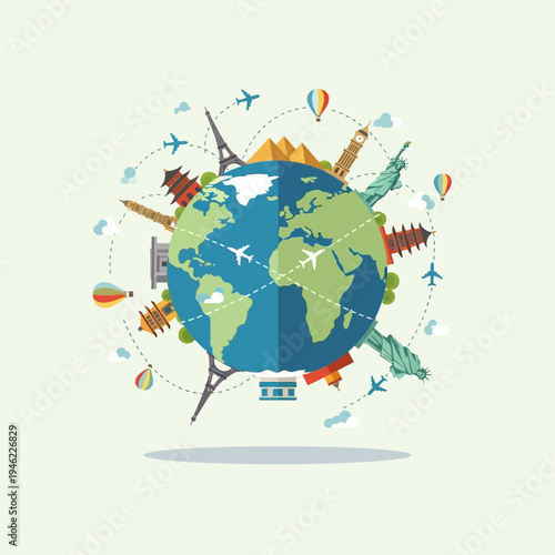 Global Travel and Tourism: Famous Landmarks Around the World on a Globe