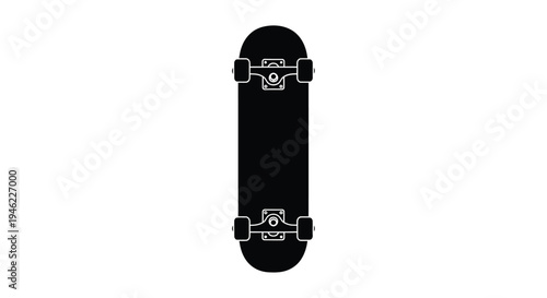 Black skateboard illustration against a stark white background top down view