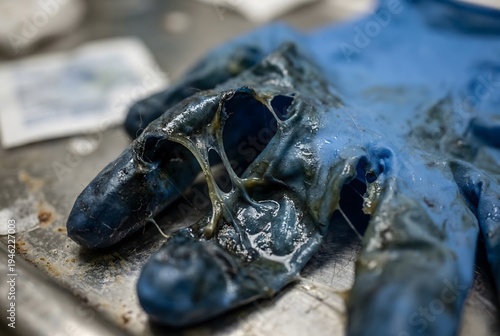 Macro close-up of a dangerously melted torn and sticky blue nitrile medical glove