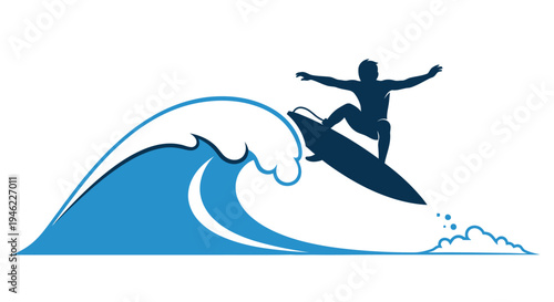 A silhouette of a surfer riding a large ocean wave in a dynamic pose