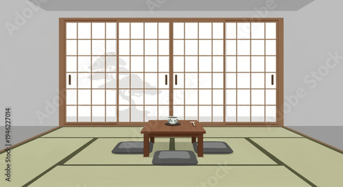 Minimalist Japanese Room Interior with Tatami Mats and Shoji Screens