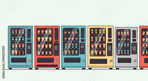 Row of Colorful Vending Machines with Snacks and Drinks
