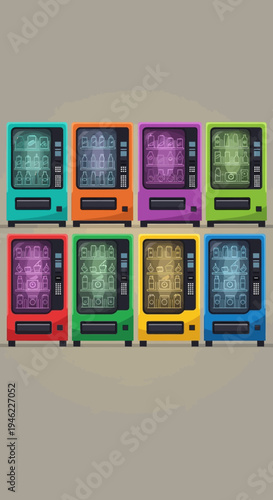 Set of Colorful Vending Machines with Snacks and Drinks