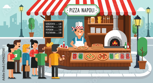 Street Pizza Napoli Stall with Chef and Customers