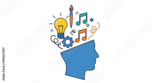 Creative thinking concept with a human head and various symbolic elements