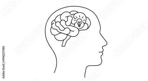 Line drawing of a human head in profile with a brain inside