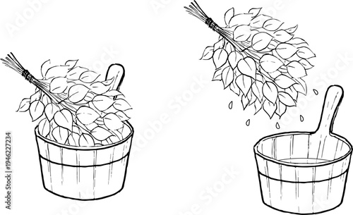 サウナ桶に浸したヴィヒタのアナログペン画イラスト