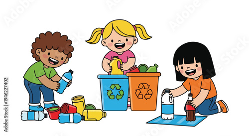 Three diverse children happily sort various plastic bottles and containers into designated recycling bins, promoting environmental awareness.