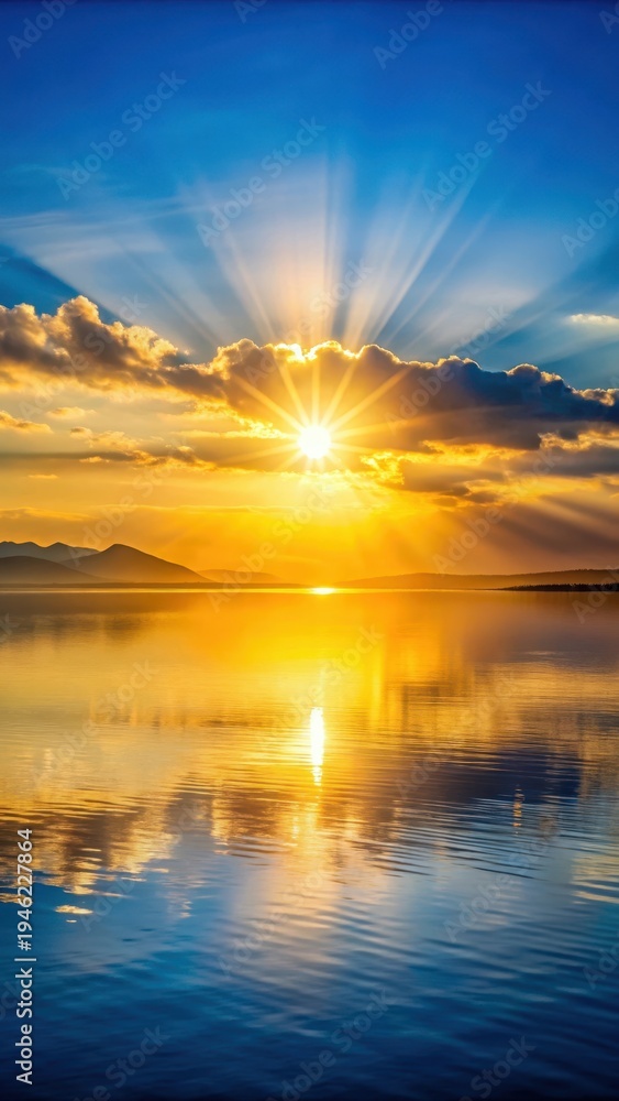 Obraz premium A photo of golden sun rising over a tranquil Sayram Lake, reflecting on the calm waters and casting soft rays across the horizon